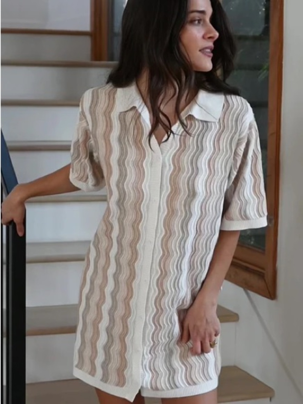 Yellow The Label Felix Knit Dress Wavy Stripe Mini Shirt Dress in Cream Size M/L